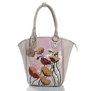 Sharif Couture Hand Beaded Poppy Flower Leather Tote 