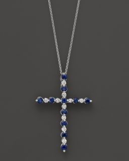 Diamond and Sapphire Cross Pendant Necklace in 14K White Gold, 18 