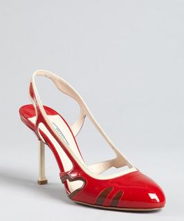 Prada red and brown patent leather cutout slingback pumps
