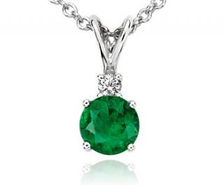 Emerald and Diamond Solitaire Pendant in 18k White Gold (5mm)  Blue 