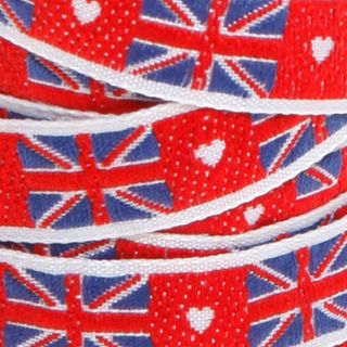 Colourful Union Jack ribbon alternating woven Union Jack flags and red 