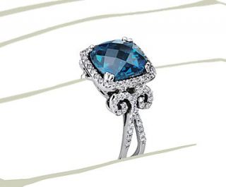 London Blue Topaz and Diamond Scroll Ring in 14k White Gold  Blue 