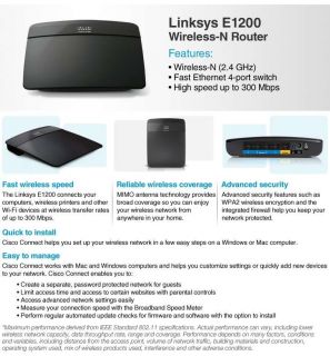 Linksys E1200 Wireless N Router   up to 300 Mbps, 4x Ports, Wireless N 