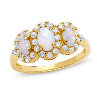 Lab Created Opal and White Sappphire Three Stone Ring in 14K Gold with 