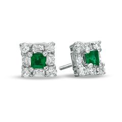 Princess Cut Emerald and 5/8 CT. T.W. Diamond Stud Earrings in 14K 