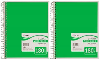 Mead 5 Subject Spiral Notebook, 180 Sheets, Wide Rule   