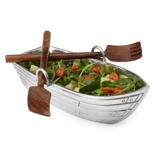ROW BOAT SALAD BOWL WITH WOOD SERVING UTENSILS  Serving Platter, Tray 