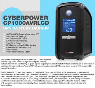 CyberPower CP1000AVRLCD UPS Battery Backup   1000VA, 600W, LCD, AVR 