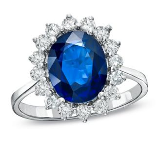Oval Blue Sapphire and 5/8 CT. T.W. Diamond Frame Ring in 14K White 