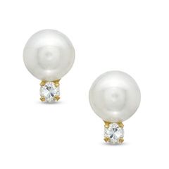 75mm Cultured Freshwater Pearl and Cubic Zirconia Earrings in 14K 