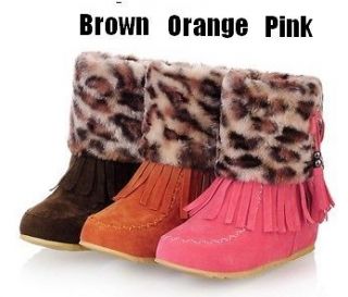 S3705 Brown Orange Pink Leopard Faux Fur Suede Fringe Inner Wedge 