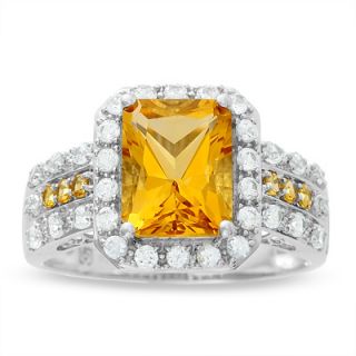 Emerald Cut Citrine and Lab Created White Sapphire Ring in 14K White 