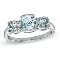 Cushion Cut Aquamarine and Diamond Accent Three Stone Ring in Sterling 