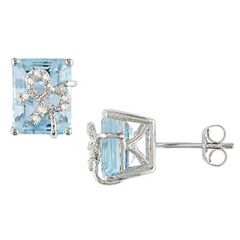 Emerald Cut Blue Topaz and Diamond Bow Earrings in Sterling Silver 