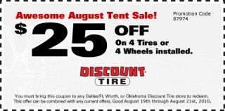 25 Off when you buy a set of 4 Tires or 4 Wheels installed. You must 