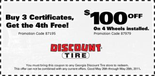 Buy 3 Certificates, Get the 4th Free $100 Off on 4 wheels installed 