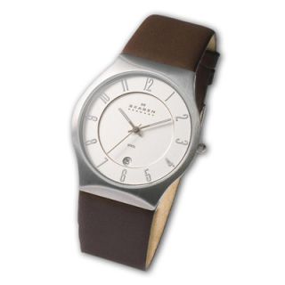 Mens Skagen Stainless Steel Brown Leather Strap Watch (Model 
