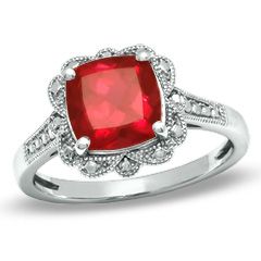 0mm Cushion Cut Lab Created Ruby Vintage Ring in Sterling Silver 