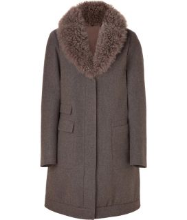 Brunello Cucinelli Taupe Wool Cashmere Blend Coat with Removable Fur 
