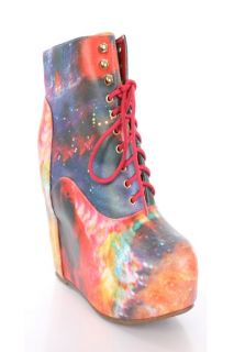 Rainbow Multi Galaxy Printed Faux Leather Bootie Wedges @ Amiclubwear 
