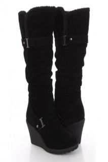 Black Faux Suede Slouchy Strapped Wool Trim Knee High Wedge Boots 
