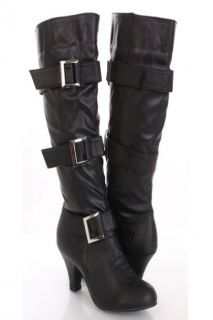 Black Faux Leather Buckle Strapped AMIclubwear Boots @ Amiclubwear 