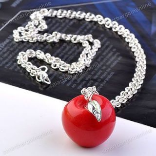   Red Acrylic Apple Pendant Silvery Long Chain Sweater Necklace Gift