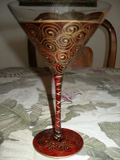 VTG RED MARTINI GLASS GOLD SWIRLS TALL LARGE HEAVY 8 TALL 5 WIDE