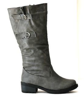Women Mid Calf Riding Combat Buckle Boots Style Black FUX Leather 