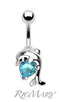 fancy blue gem dolphin with heart navel belly ring navel