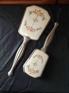 Pretty Antique Mirror & Brush Set Pink and Yellow Roses on Ivory 