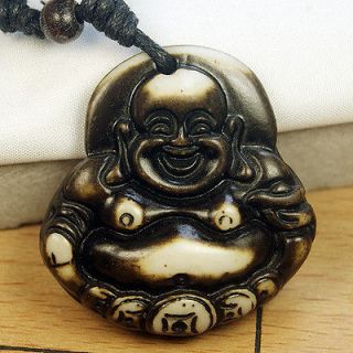   Amulet Ethnic Tribal Carved Laughing Buddha Resin Pendant Necklace