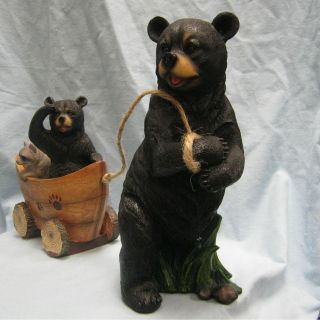 Bear Pulling Wagon with Bear Cub and Raccoon Figurine