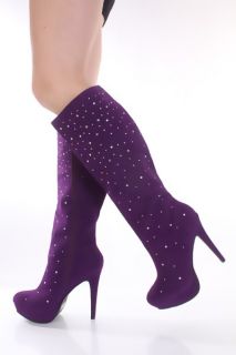 Purple Velvet Faux Leather Rhinestone Platform Boots @ Amiclubwear 