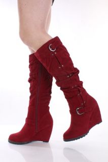 Red Faux Suede Slouchy Buckle Accent Wedge Boots @ Amiclubwear Boots 