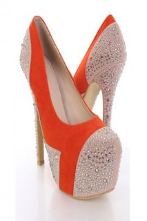 Orange Velvet Gemstone Detailing Platform Pump Heels @ Amiclubwear 