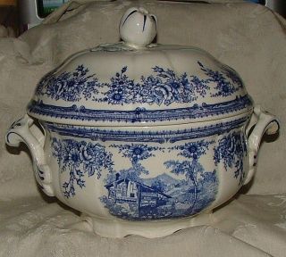 ANTIQUE Staffordshire Blue White Chamber Pot w/ Lid Swiss Scene 1880s 