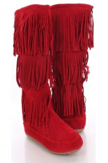 Red Faux Suede Tier Fringe Closed Toe Flat Boots @ Amiclubwear Boots 