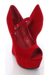 Red Faux Suede Maryjane Style Platform Curved Wedges @ Amiclubwear 