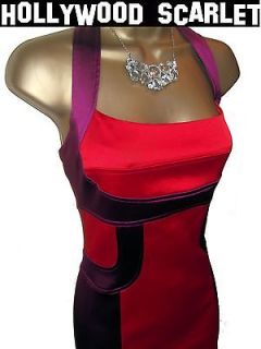 Stunning Karen Millen red & purple halterneck satin wiggle dress uk 14