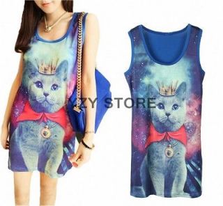 Women Galaxy Prince Cat Graphic Print Sleeveless T shirt Long Top 