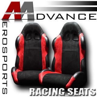 2x Universal SP Style Suede & Leather Black & Red Racing Seats+Sliders 