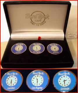 Hard Rock Cafe LONDON LOS ANGELES ORLANDO 3 Clock PINS in Display BOX