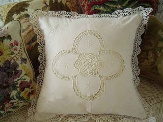 Beautiful Hand Bobbin Lace Embroidery Beige Cotton Cushion Cover