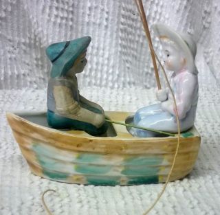 Antique JAPAN 1920s Fishing Boy in a Skif w/Pole + Another in Bisque 