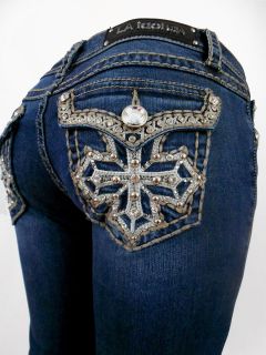 LA Idol Jeans Tribal Embroidery Crystal Cross Whip Stitch Bootcut 