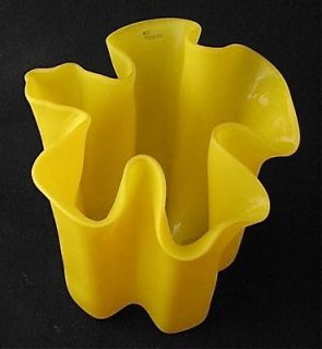 Labeled Finnish art glass Muurla yellow painted handkerchief vase, 7 1 