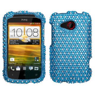For AT&T HTC Desire C Case Cover Bling Rhinestones Dots Blue/white 