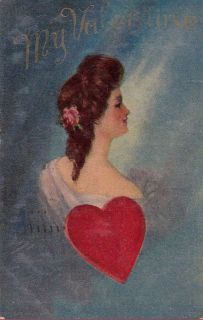 1908 Valentine Postcard Lovely Womans Profile W/ HEART My Valentine 