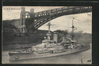   Battleship S.M.S. Wittelsbach im Kaiser Wilhelm Kanal unter einer Brü